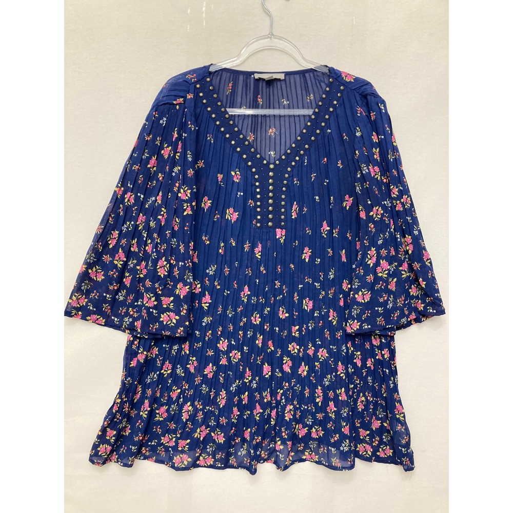 Woman Within Tunic Size 18/20 Blue Floral Studded V-Neck Pleated Boho Flutter